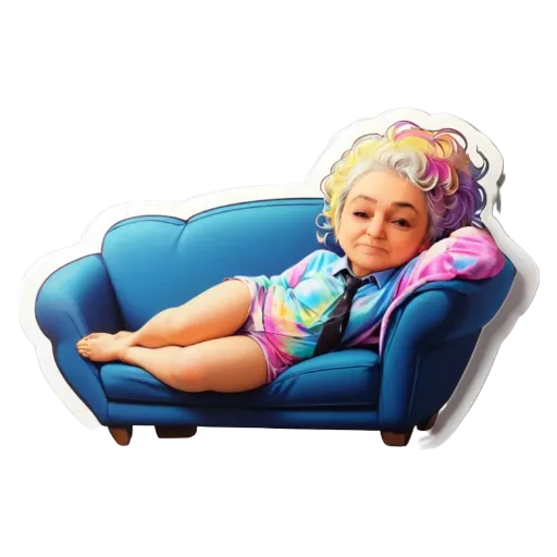 A colorful sticker of an old woman on a blue couch.