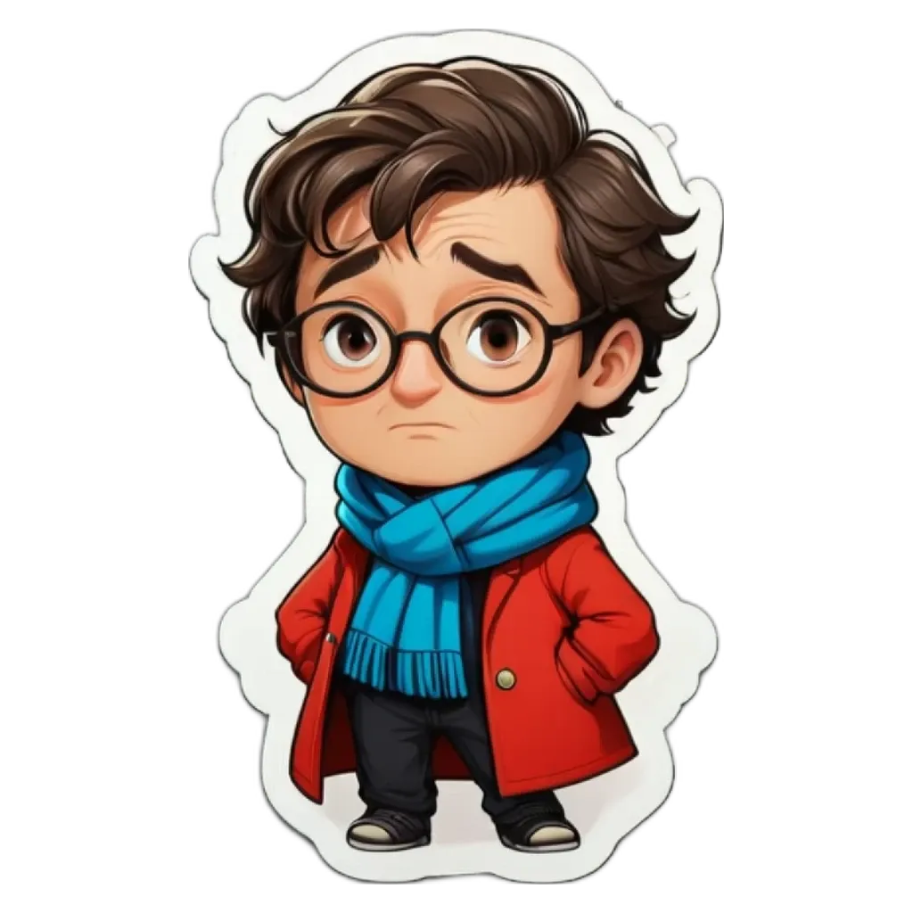 A boy wearing a red coat and blue scarf is standing with his hands in his pockets.