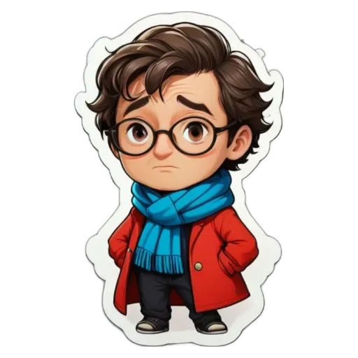 A boy wearing a red coat and blue scarf is standing with his hands in his pockets.