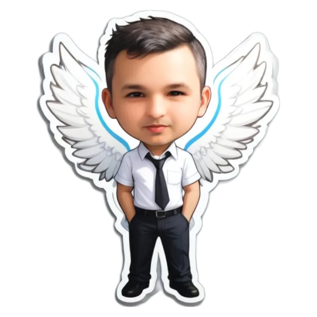 An angel wearing a tie and standing with his hands in his pockets.