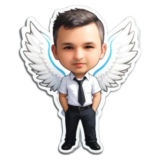 An angel wearing a tie and standing with his hands in his pockets.