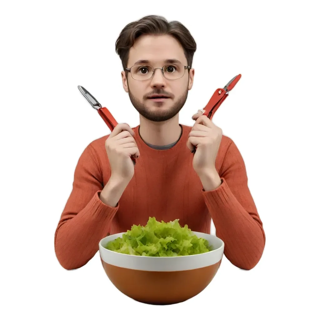 A man holding a bowl of lettuce with a sticker of him holding a knife and fork.