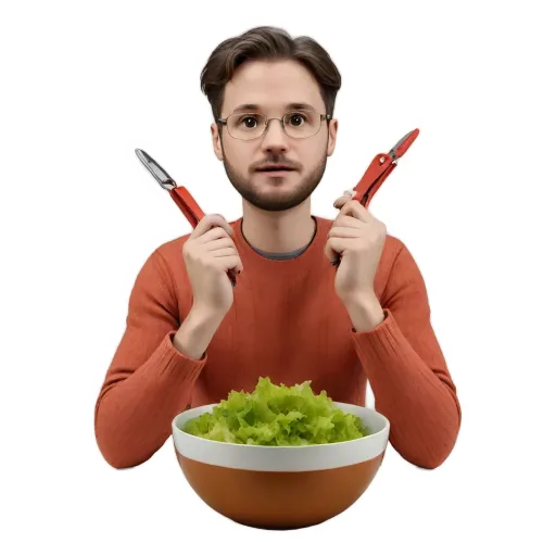 A man holding a bowl of lettuce with a sticker of him holding a knife and fork.