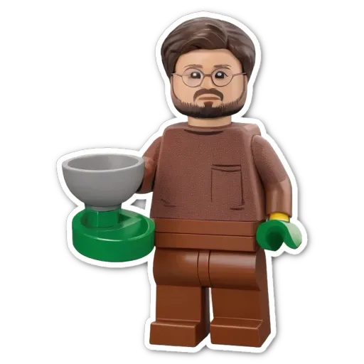A brown and white lego man holding a bowl.