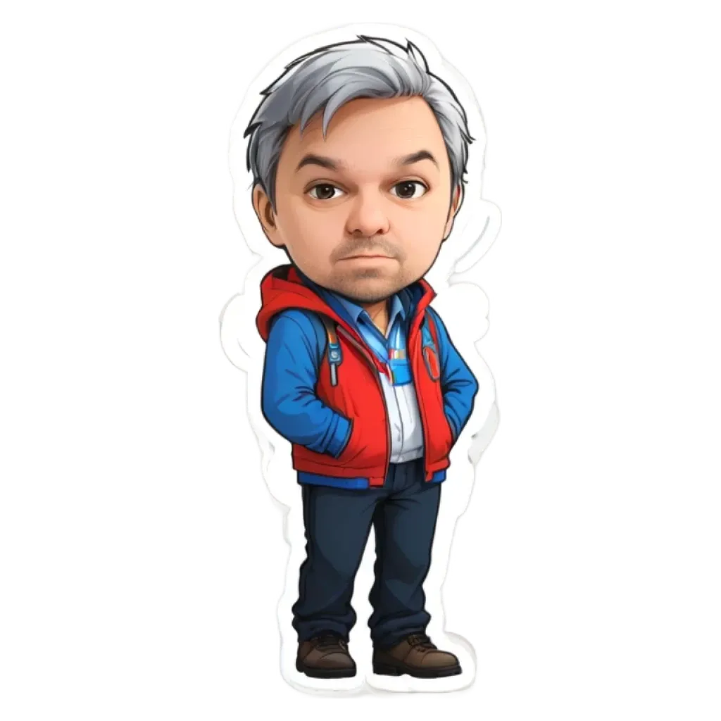 A cartoonish drawing of a man with a backpack and a red jacket.