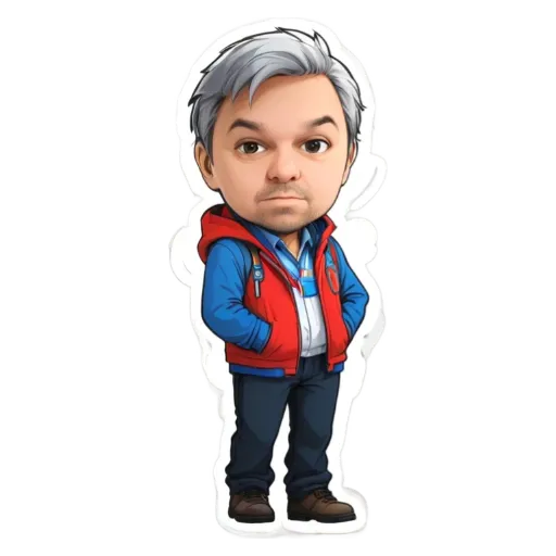 A cartoonish drawing of a man with a backpack and a red jacket.