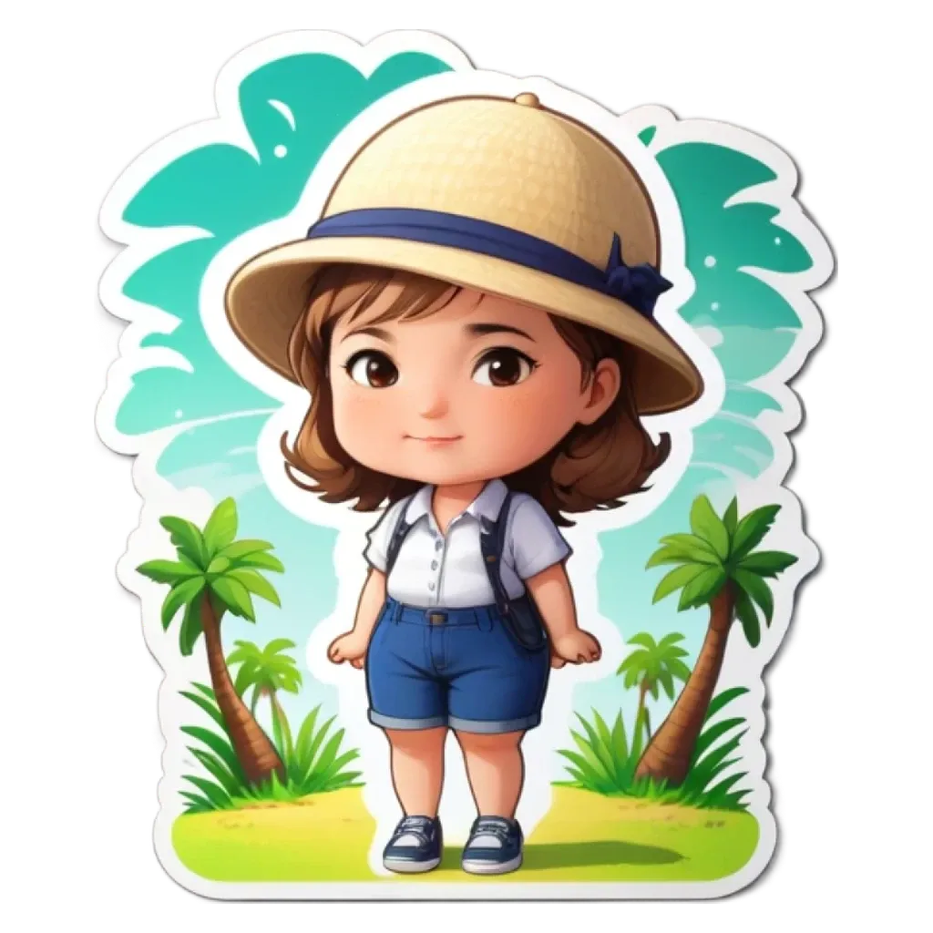 A girl is standing in front of a forest and has a hat on her head.