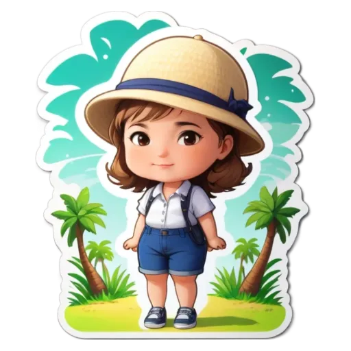 A girl is standing in front of a forest and has a hat on her head.