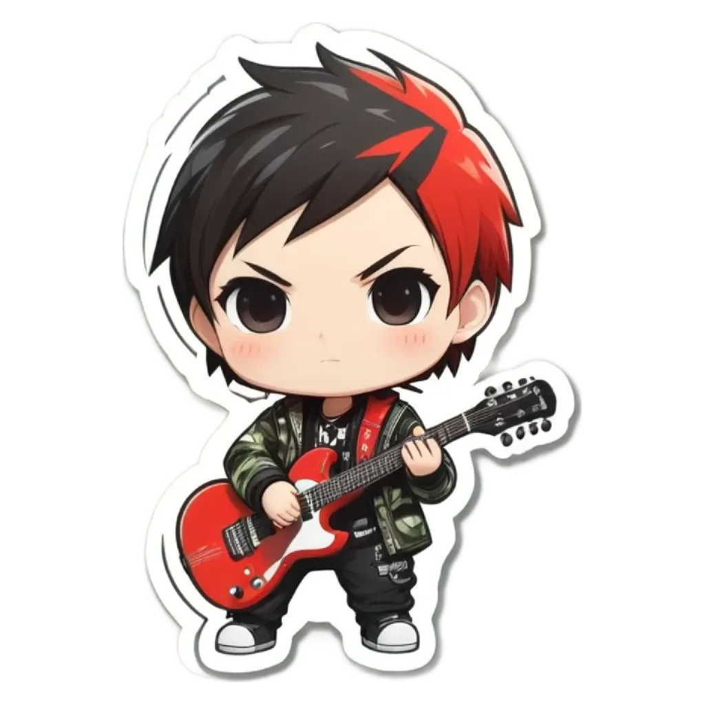 A boy playing the guitar on a black and red background.