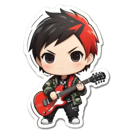 A boy playing the guitar on a black and red background.
