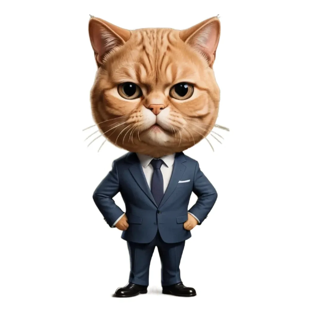 A cat in a suit is standing with his hands on his hips.