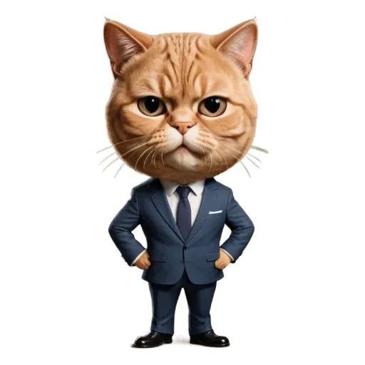 A cat in a suit is standing with his hands on his hips.