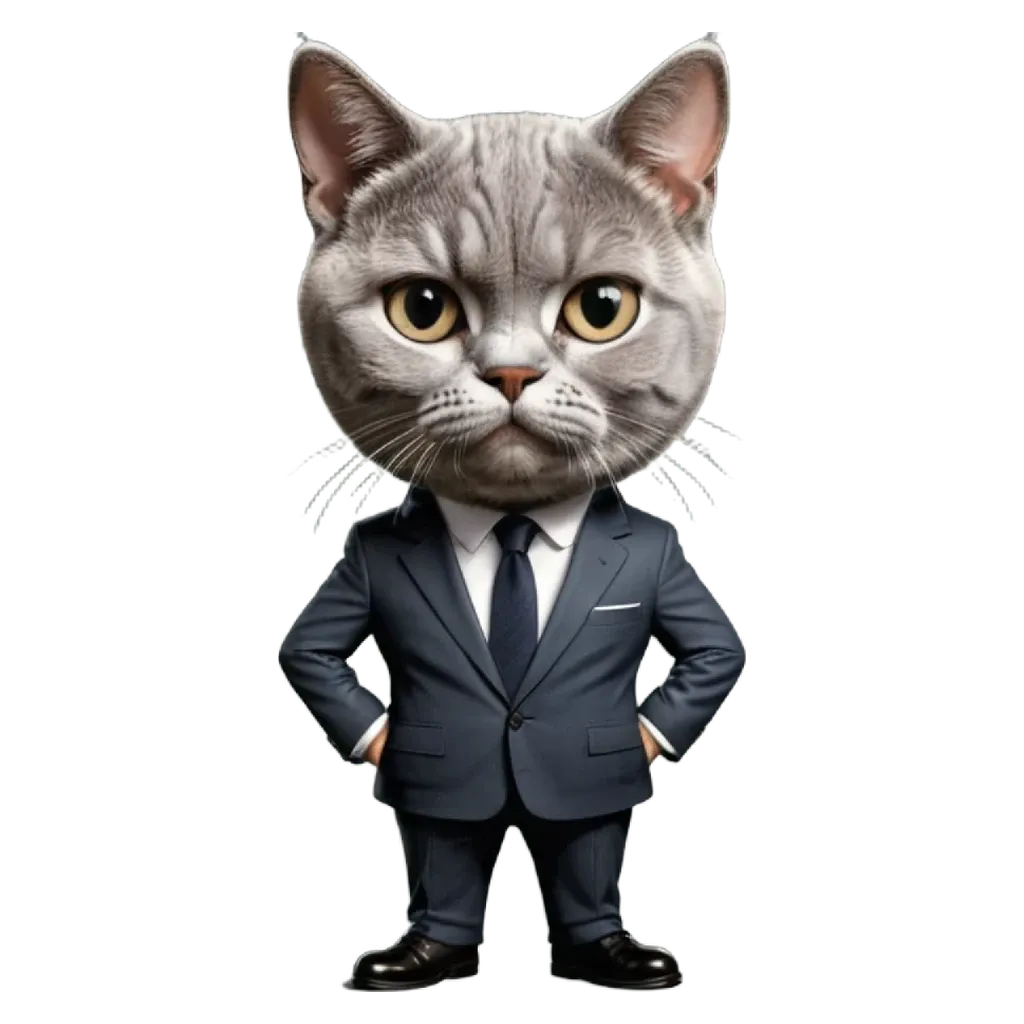 A cat in a suit standing up with his hands on his hips.
