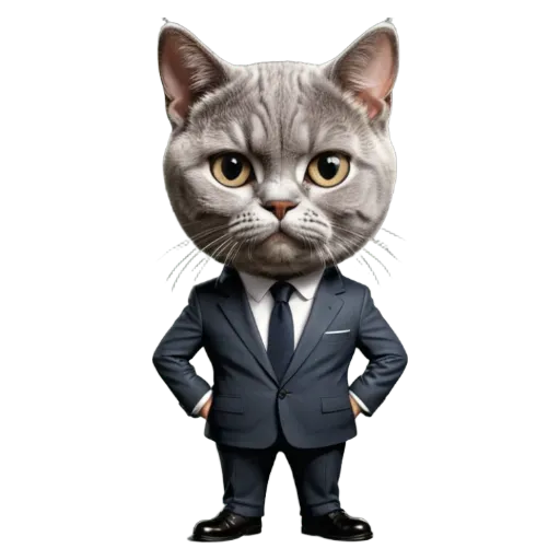 A cat in a suit standing up with his hands on his hips.