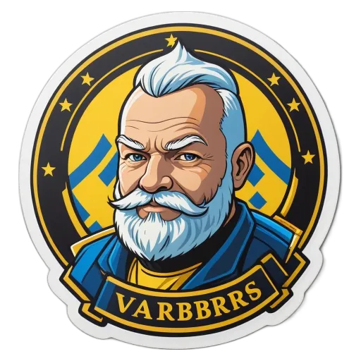 A sticker of a man with a beard and mustache wearing a name tag that says Varbbbrs.