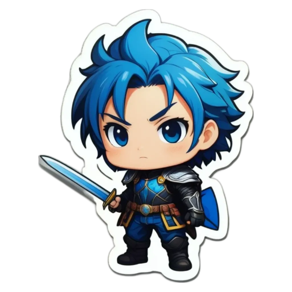 A blue character with an angry face holding a sword.