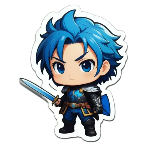 A blue character with an angry face holding a sword.