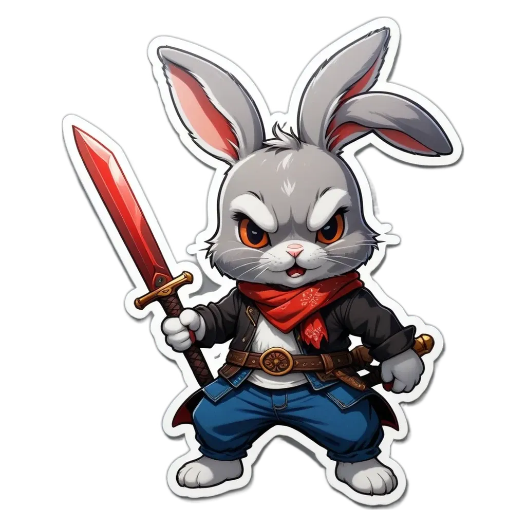 A bunny is fighting a sword with a red shield.