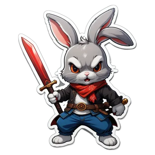 A bunny is fighting a sword with a red shield.