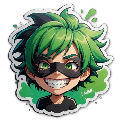 A green and black cartoon character is smiling.