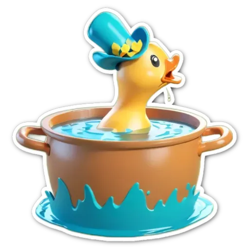 A sticker of a rubber duck in a pot of water.