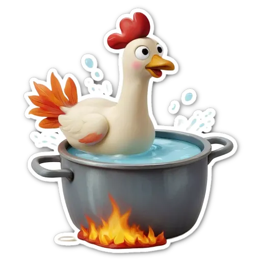 A sticker of a chicken in a pot of boiling water.