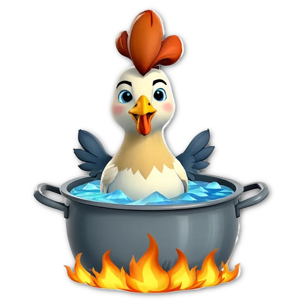 A cartoon image of a chicken in a frying pan with ice water.