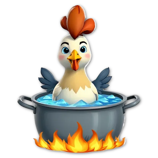 A cartoon image of a chicken in a frying pan with ice water.