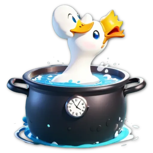 A cartoon image of a duck in a pot with a clock that says 8:00.