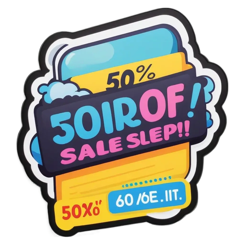 A 50% off sticker with a 2x2 rectangular shape.