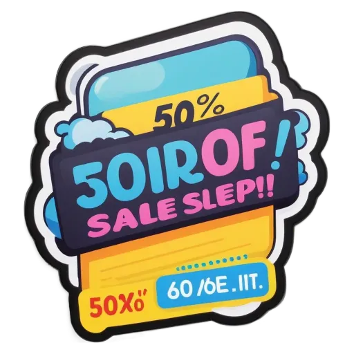 A 50% off sticker with a 2x2 rectangular shape.