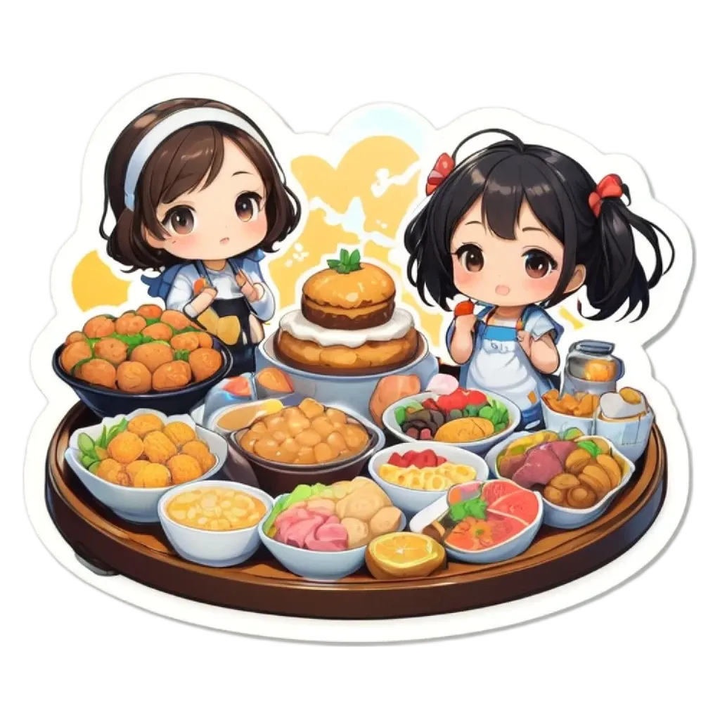 Two girls are looking at a plate of food with a variety of dishes including fruit and cake.