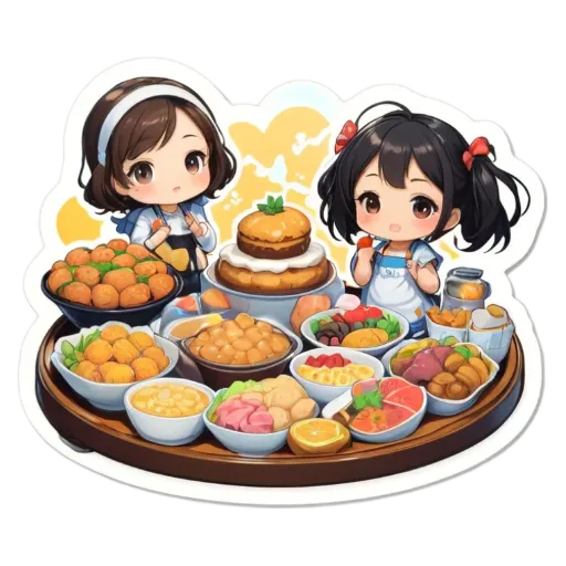 Two girls are looking at a plate of food with a variety of dishes including fruit and cake.