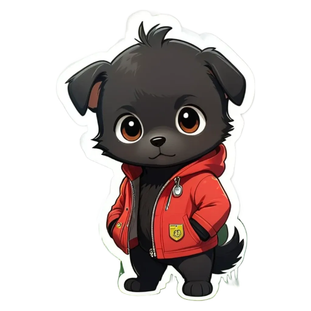 A black puppy wearing a red jacket stands on a black background.