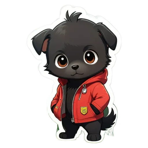 A black puppy wearing a red jacket stands on a black background.