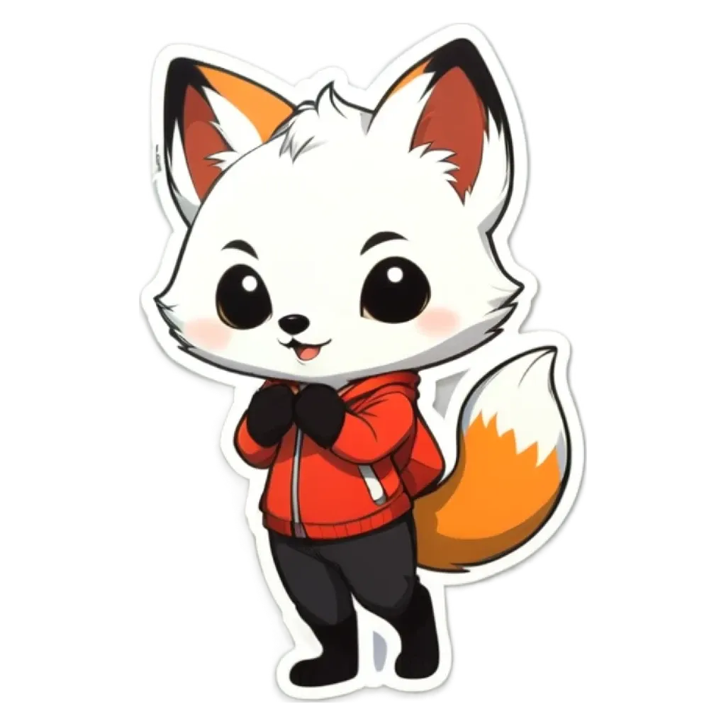 A fox wearing a red jacket is standing up.