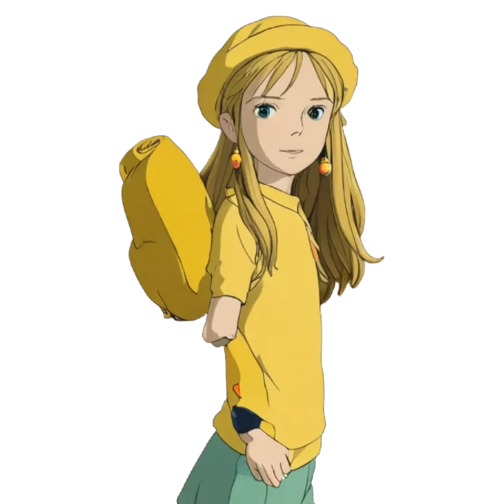 A cartoon or anime style picture of a girl wearing a yellow shirt and a backpack.