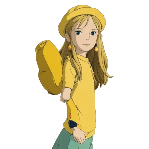 A cartoon or anime style picture of a girl wearing a yellow shirt and a backpack.