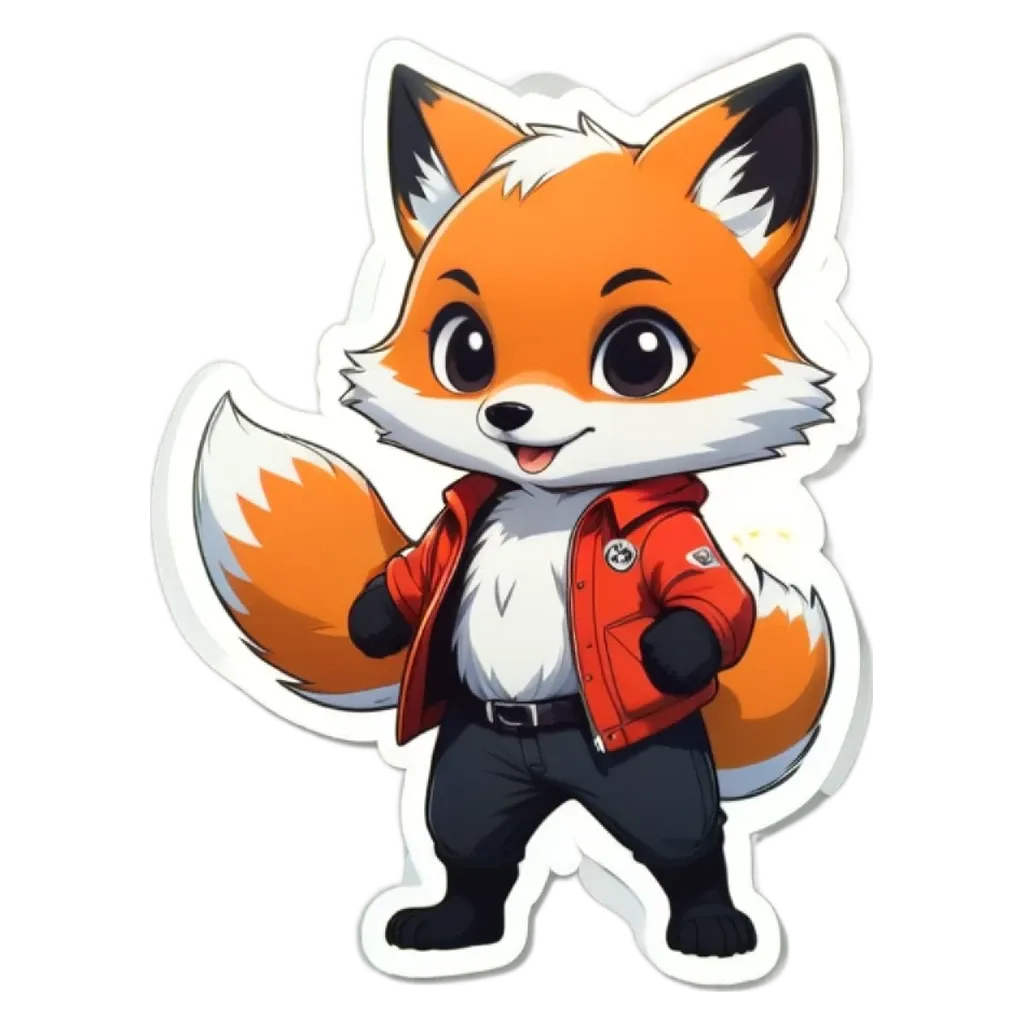 A cartoon fox wearing a red jacket and pants.