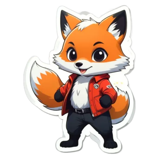 A cartoon fox wearing a red jacket and pants.
