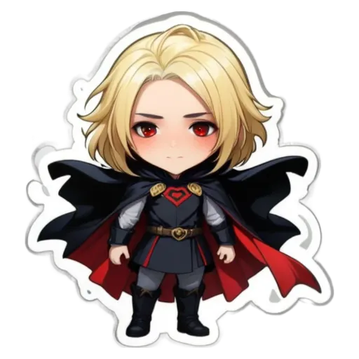 A character from a video game is wearing a cape and stands in front of a black background.