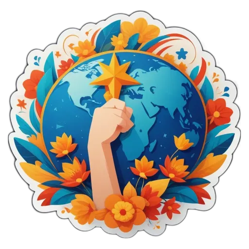 A hand holding a star which is in the center of a circle with flowers and the earth on it.