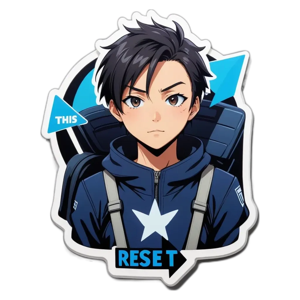 A boy with a backpack wearing a blue jacket with a star and the word RESET on his face.