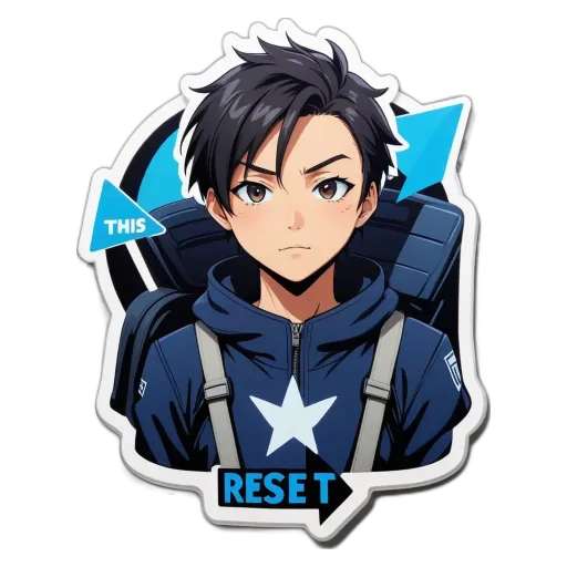 A boy with a backpack wearing a blue jacket with a star and the word RESET on his face.