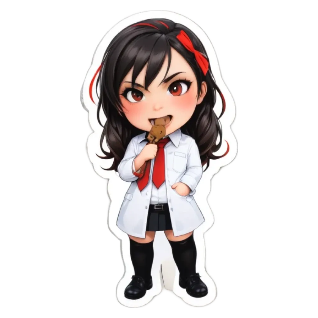 A girl wearing a white lab coat and red tie eating a teddy bear.