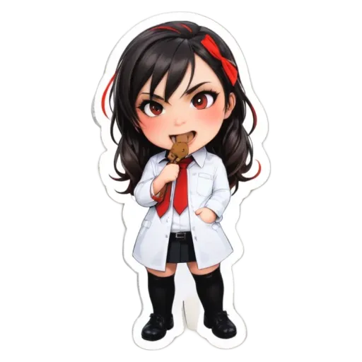 A girl wearing a white lab coat and red tie eating a teddy bear.