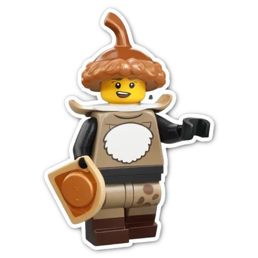 A lego person holding a acorn and wearing a costume.