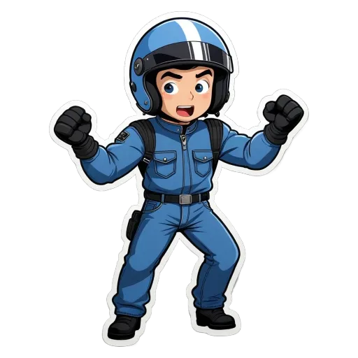 A cartoon depiction of a man in a blue uniform and helmet.