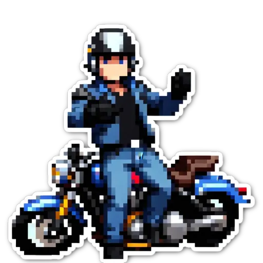 A man in a blue jacket is sitting on a motorcycle in a digital image.