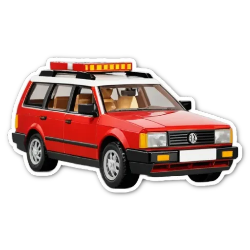 A red volkswagen station wagon with a license plate.